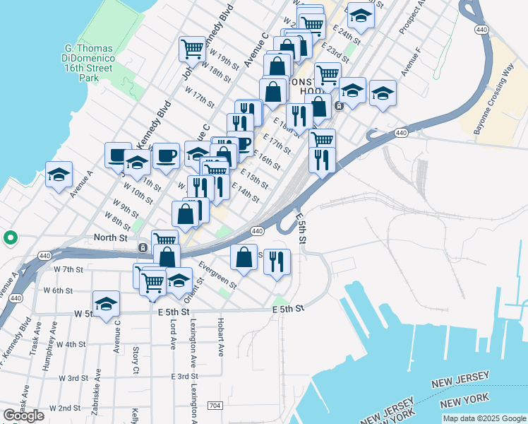 map of restaurants, bars, coffee shops, grocery stores, and more near 74 Avenue E in Bayonne