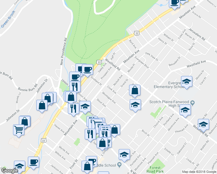 map of restaurants, bars, coffee shops, grocery stores, and more near 308 Cook Ave in Scotch Plains