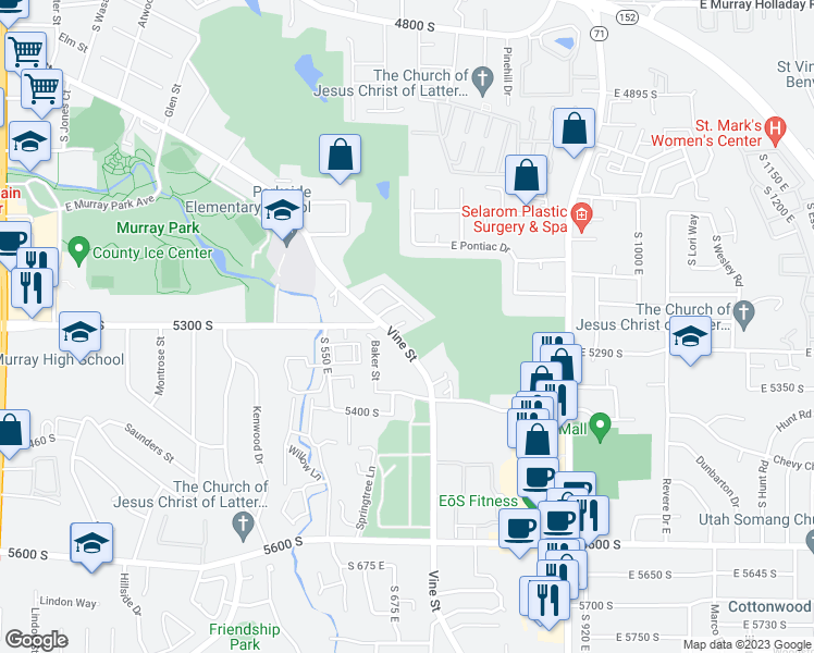 map of restaurants, bars, coffee shops, grocery stores, and more near 656 East Nikita Cove in Murray