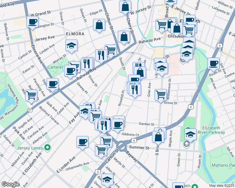 map of restaurants, bars, coffee shops, grocery stores, and more near 943 Grove Street in Elizabeth