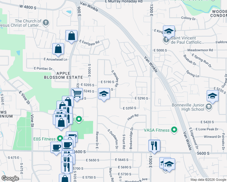 map of restaurants, bars, coffee shops, grocery stores, and more near 5248 South Wesley Road in Salt Lake City