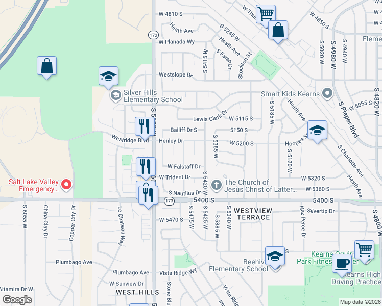 map of restaurants, bars, coffee shops, grocery stores, and more near 5244 South Kinsmen Circle in Salt Lake City