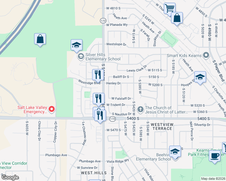 map of restaurants, bars, coffee shops, grocery stores, and more near 5243 South Hamlet Circle in Kearns
