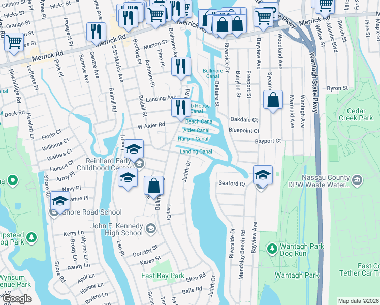 map of restaurants, bars, coffee shops, grocery stores, and more near 2775 Boundary Road in Bellmore