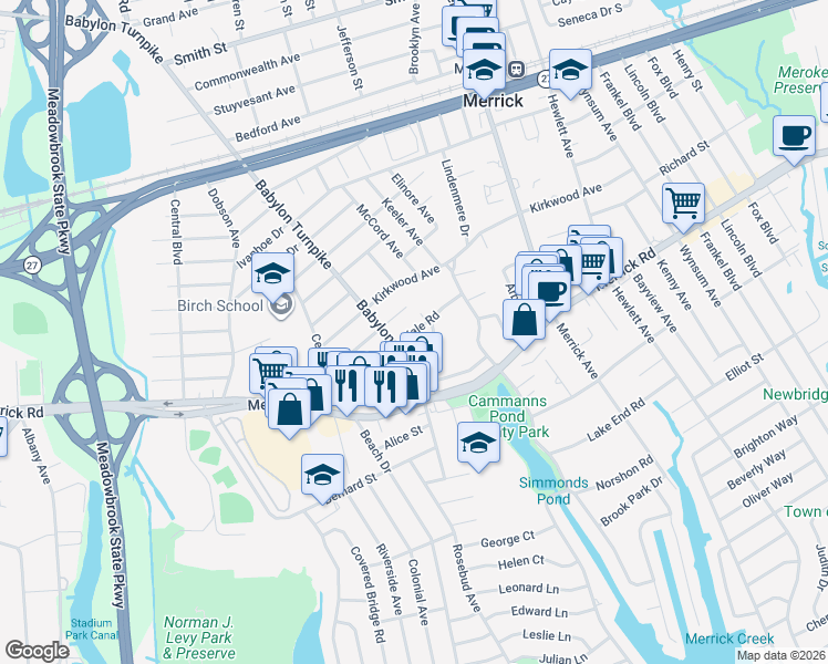 map of restaurants, bars, coffee shops, grocery stores, and more near 40 Beverly Road in Merrick