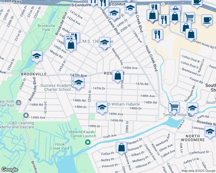 map of restaurants, bars, coffee shops, grocery stores, and more near 147-53 Weller Lane in Queens