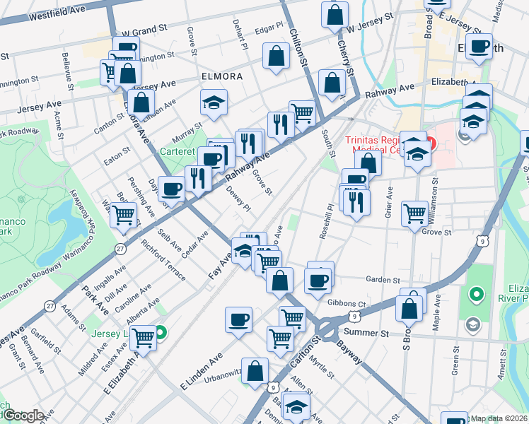 map of restaurants, bars, coffee shops, grocery stores, and more near 416 Fay Avenue in Elizabeth