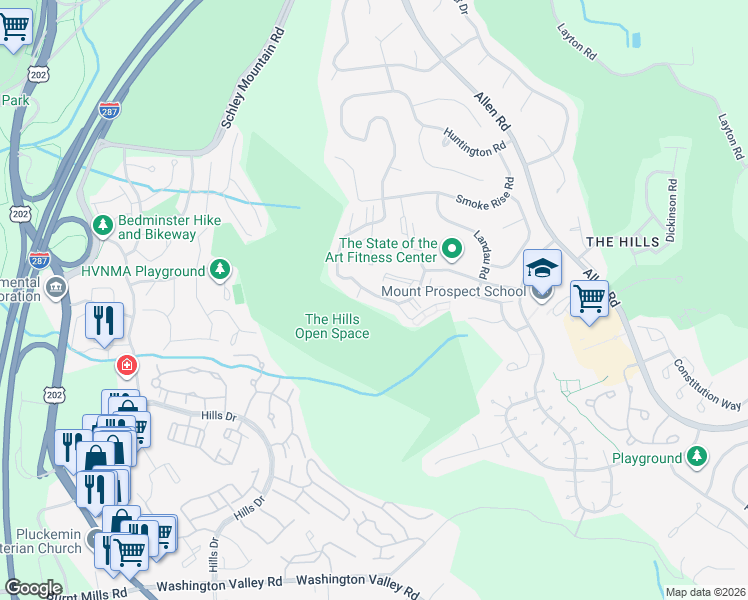 map of restaurants, bars, coffee shops, grocery stores, and more near 86 Encampment Drive in Bedminster