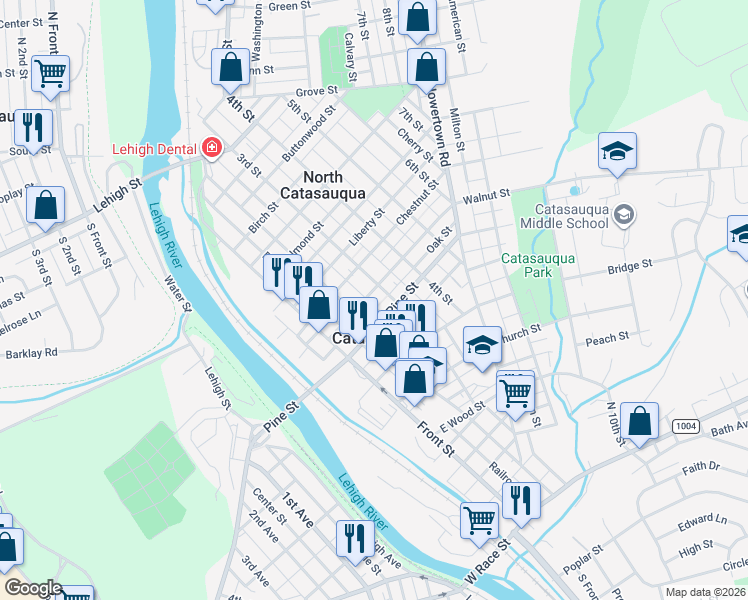map of restaurants, bars, coffee shops, grocery stores, and more near 232 Pine Street in Catasauqua