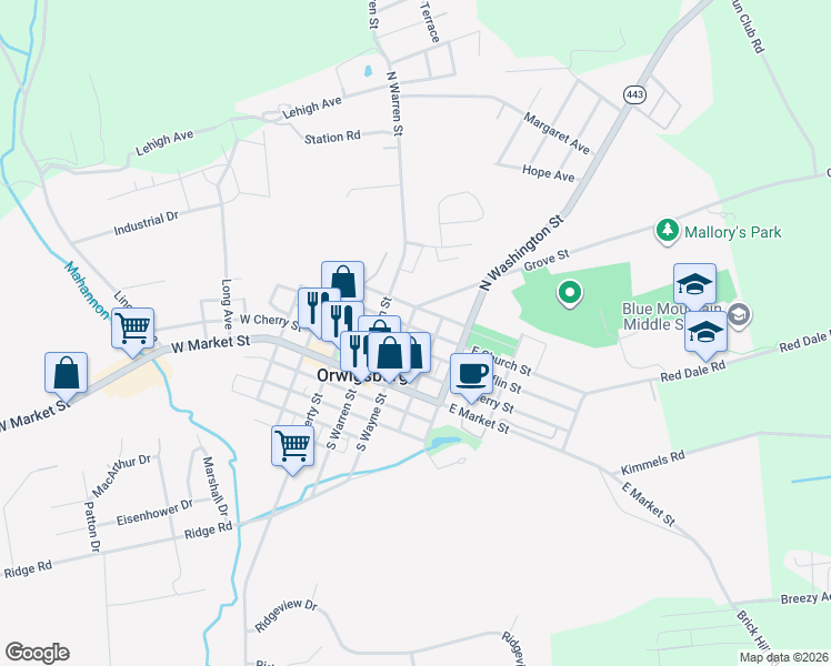map of restaurants, bars, coffee shops, grocery stores, and more near 215 East Church Street in Orwigsburg