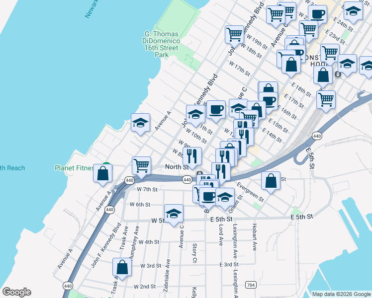 map of restaurants, bars, coffee shops, grocery stores, and more near 84 West 9th Street in Bayonne