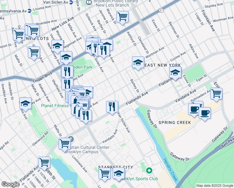 map of restaurants, bars, coffee shops, grocery stores, and more near 1961 Van Siclen Avenue in Brooklyn