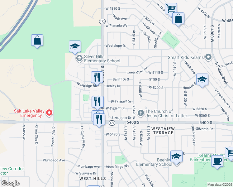 map of restaurants, bars, coffee shops, grocery stores, and more near 5243 South Hamlet Circle in Kearns