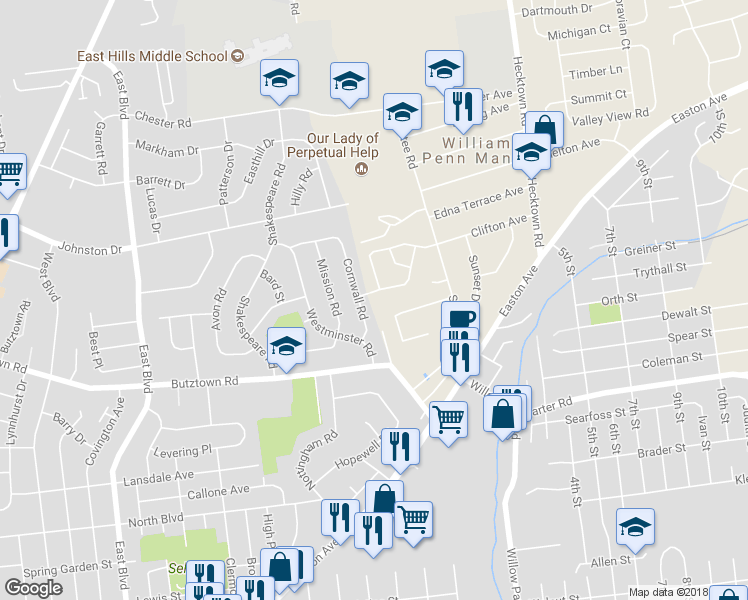map of restaurants, bars, coffee shops, grocery stores, and more near 3000 Millstone Drive in Bethlehem