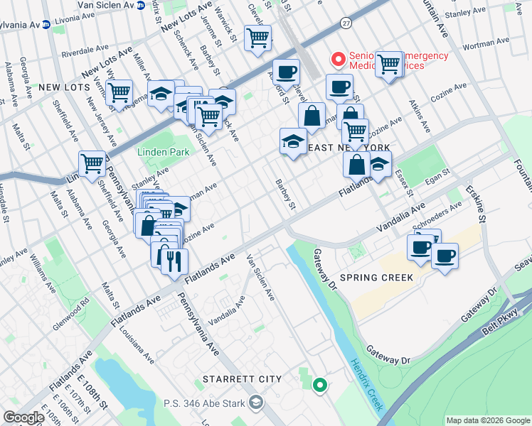 map of restaurants, bars, coffee shops, grocery stores, and more near 1043 Hendrix Street in Brooklyn