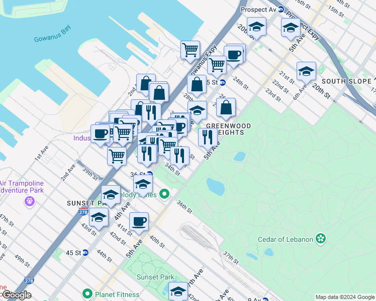map of restaurants, bars, coffee shops, grocery stores, and more near 181 32nd Street in Brooklyn