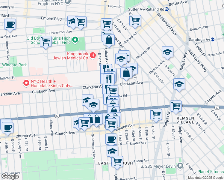 map of restaurants, bars, coffee shops, grocery stores, and more near 709 Utica Avenue in Brooklyn