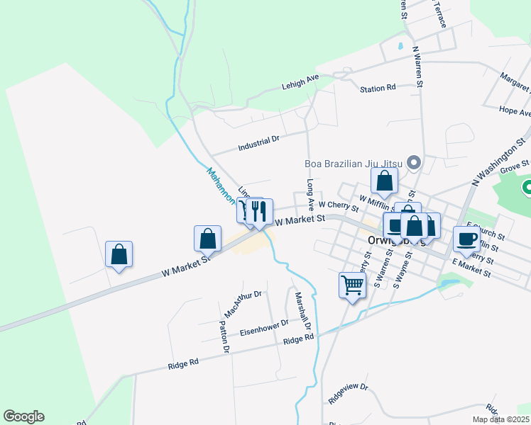 map of restaurants, bars, coffee shops, grocery stores, and more near 118 Lincoln Avenue in Orwigsburg