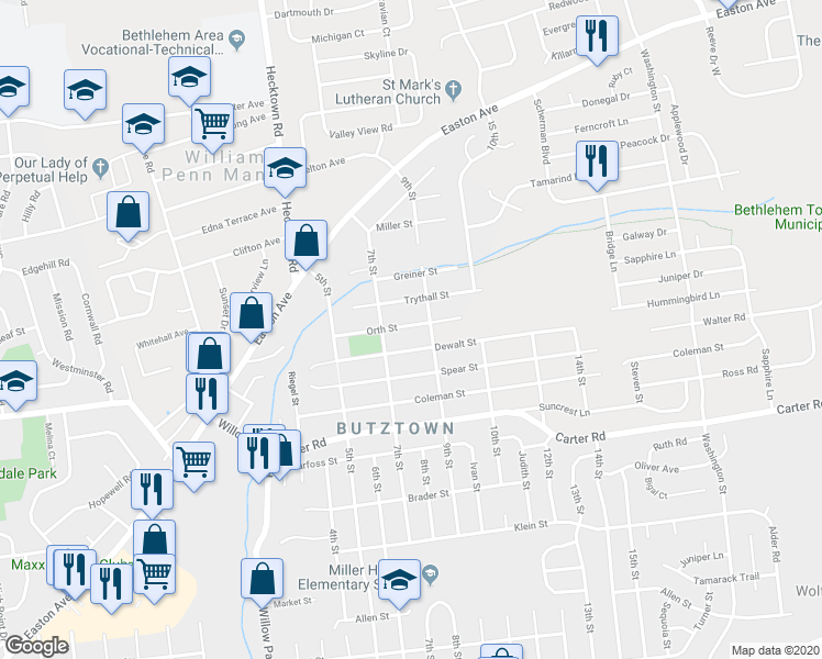 map of restaurants, bars, coffee shops, grocery stores, and more near 3630 Orth Street in Bethlehem