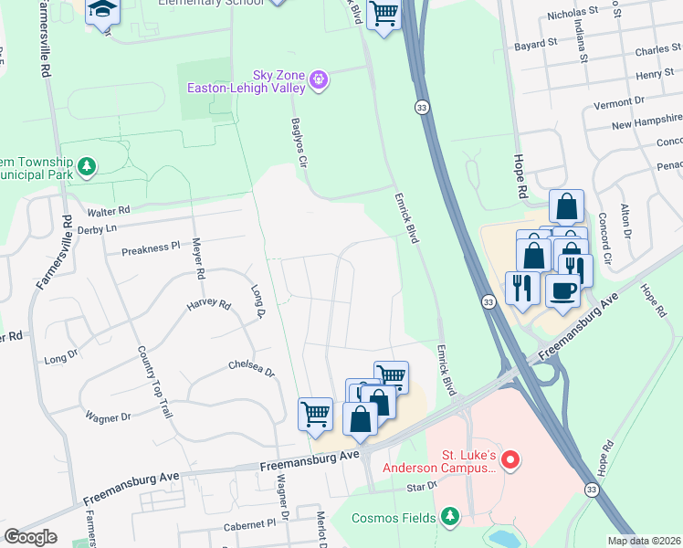 map of restaurants, bars, coffee shops, grocery stores, and more near 2391 Raya Way in Easton