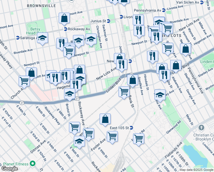 map of restaurants, bars, coffee shops, grocery stores, and more near 1555 Linden Boulevard in Brooklyn