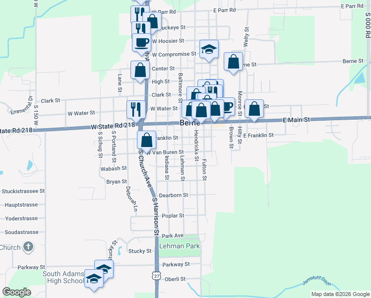 map of restaurants, bars, coffee shops, grocery stores, and more near 265 West Van Buren Street in Berne