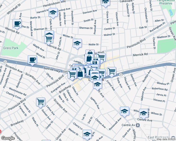 map of restaurants, bars, coffee shops, grocery stores, and more near 90 Saperstein Plaza in Lynbrook