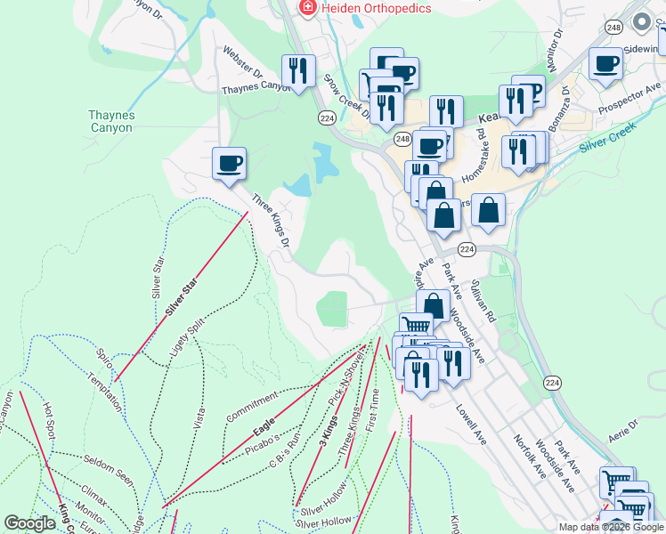 map of restaurants, bars, coffee shops, grocery stores, and more near 1540 Three Kings Drive in Park City
