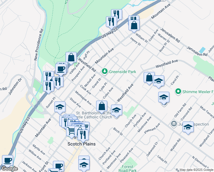 map of restaurants, bars, coffee shops, grocery stores, and more near 2097 Coles Avenue in Scotch Plains