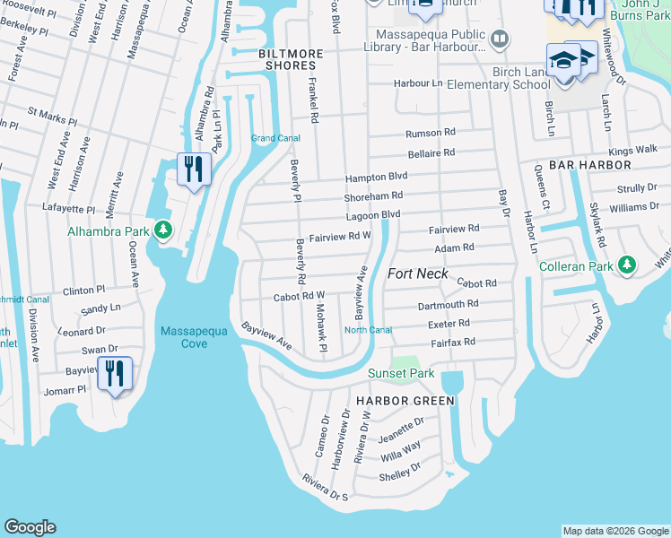 map of restaurants, bars, coffee shops, grocery stores, and more near 39 Brewster Rd W in Massapequa