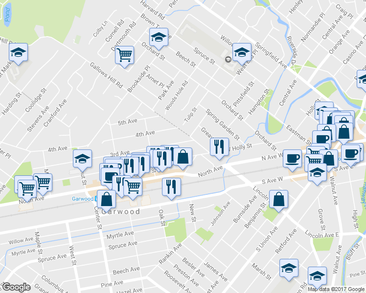 map of restaurants, bars, coffee shops, grocery stores, and more near 27 3rd Avenue in Garwood