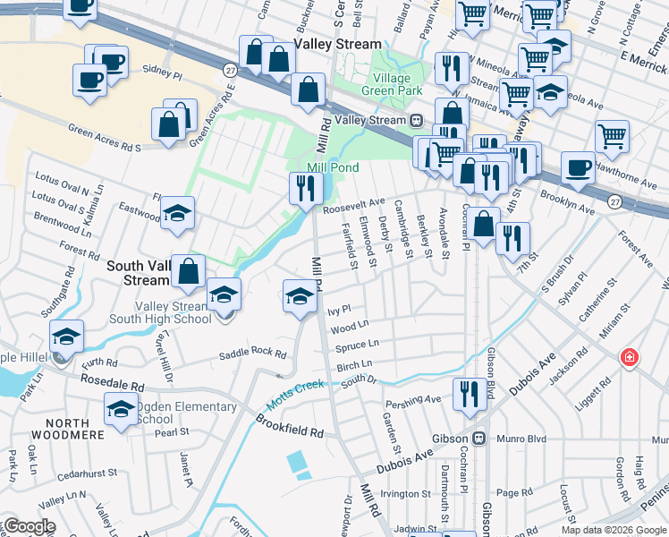 map of restaurants, bars, coffee shops, grocery stores, and more near 23 Greenwood Place in Valley Stream