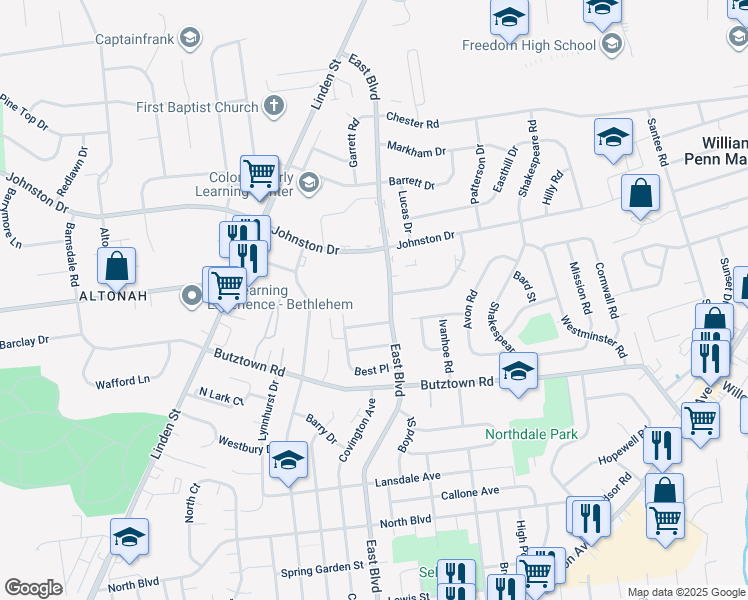 map of restaurants, bars, coffee shops, grocery stores, and more near 3005 East Boulevard in Bethlehem