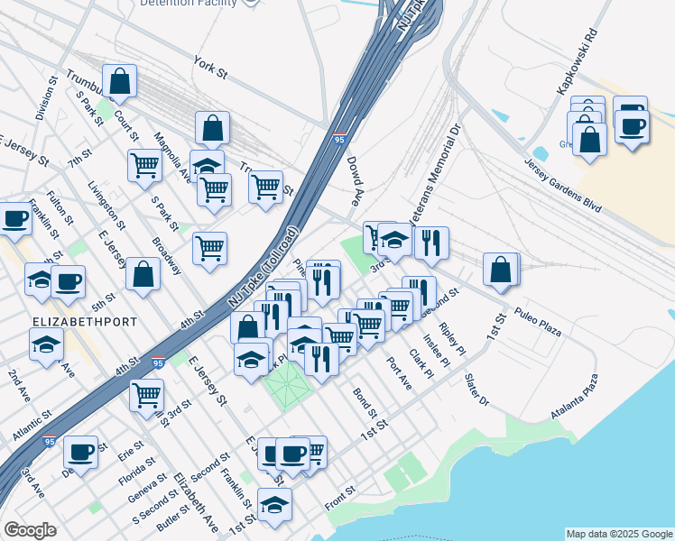 map of restaurants, bars, coffee shops, grocery stores, and more near 246 3rd Street in Elizabeth
