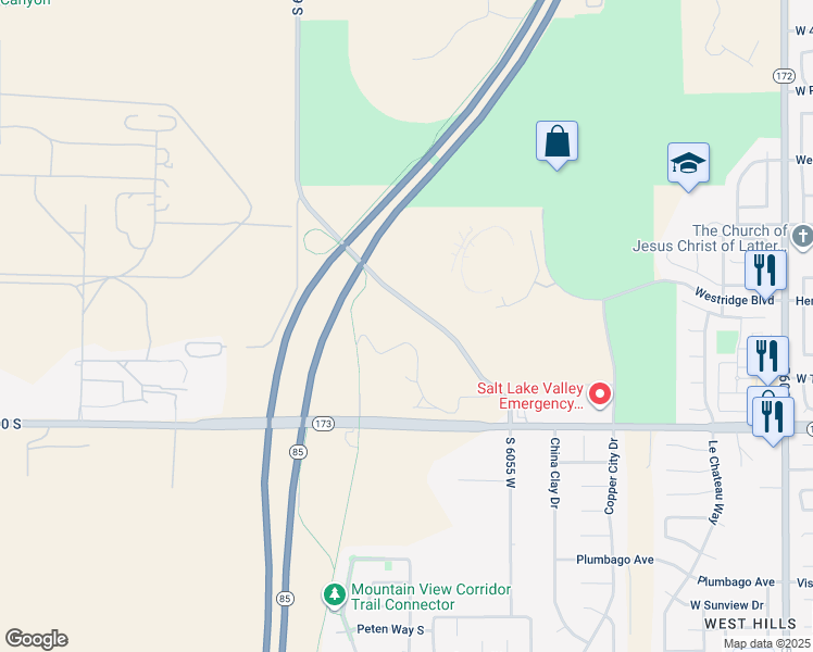 map of restaurants, bars, coffee shops, grocery stores, and more near 5168 Upper Ridge Road in West Valley City