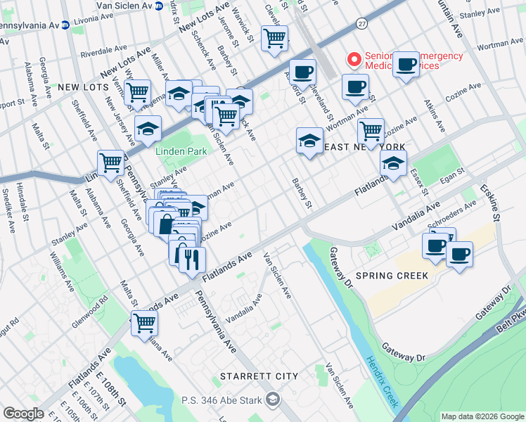 map of restaurants, bars, coffee shops, grocery stores, and more near 1961 Van Siclen Avenue in Brooklyn