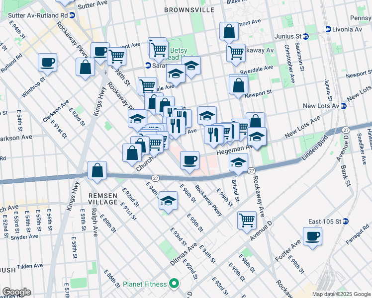 map of restaurants, bars, coffee shops, grocery stores, and more near 523 East 98th Street in Brooklyn