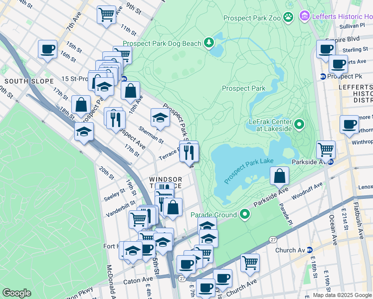 map of restaurants, bars, coffee shops, grocery stores, and more near 135 Prospect Park Southwest in Brooklyn