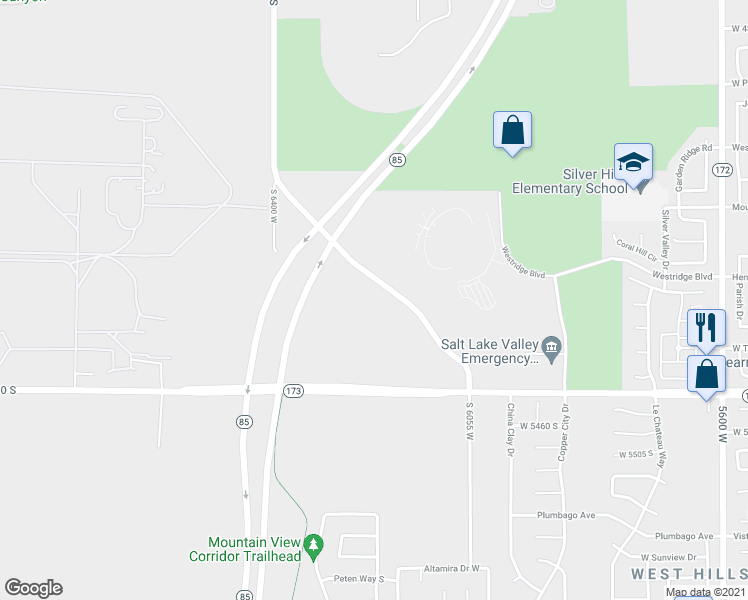 map of restaurants, bars, coffee shops, grocery stores, and more near 5168 Upper Ridge Road in West Valley City