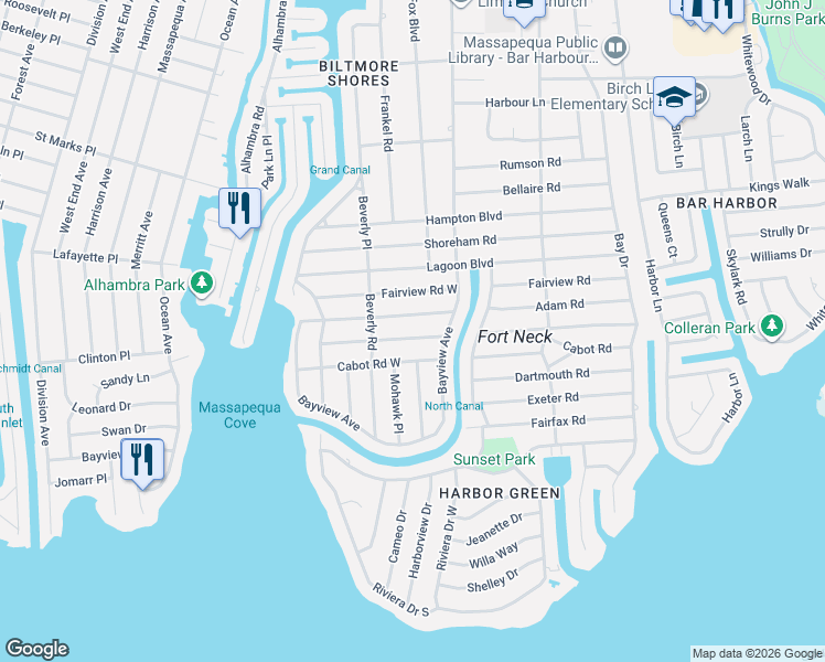 map of restaurants, bars, coffee shops, grocery stores, and more near 39 Brewster Road West in Massapequa