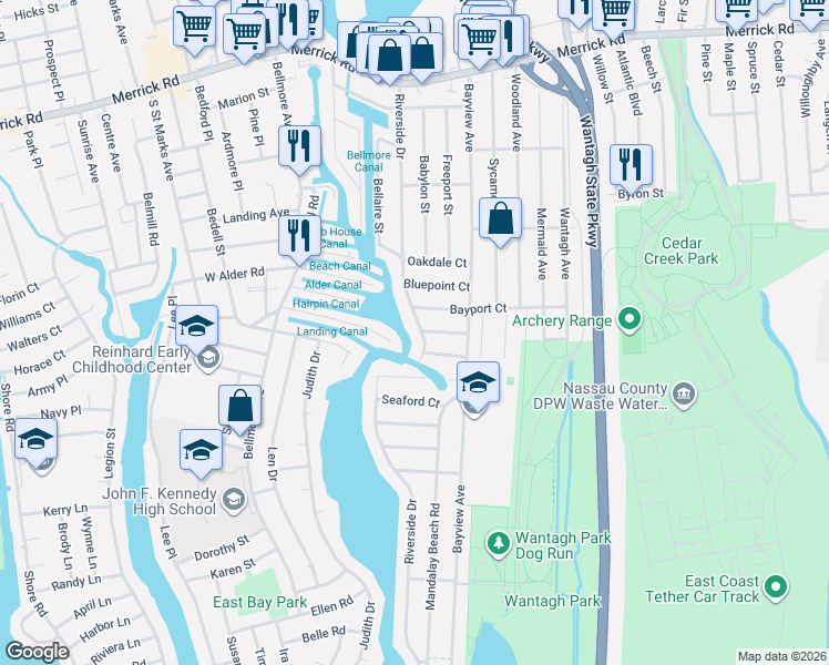 map of restaurants, bars, coffee shops, grocery stores, and more near 2968 Brentwood Court in Wantagh