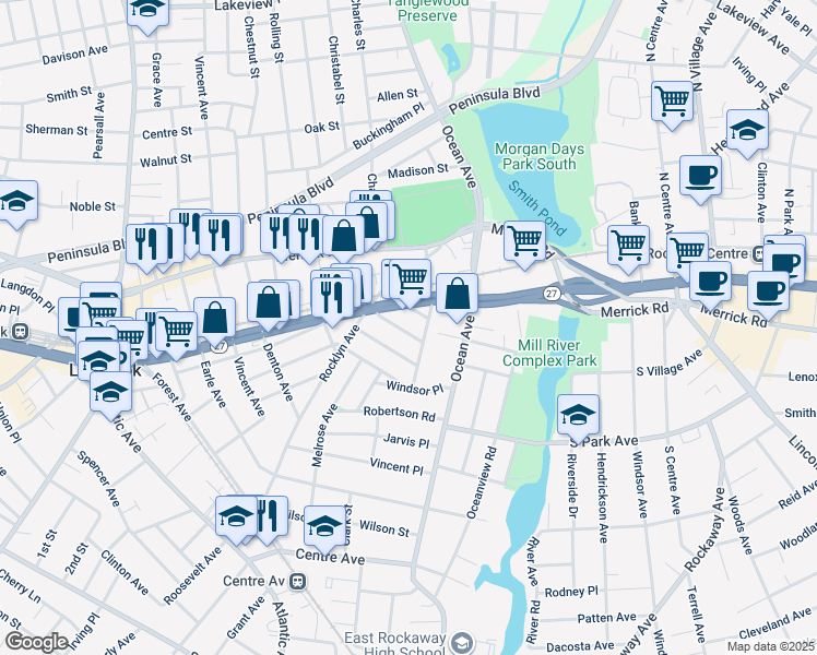 map of restaurants, bars, coffee shops, grocery stores, and more near 22 Wyoming Avenue in Lynbrook