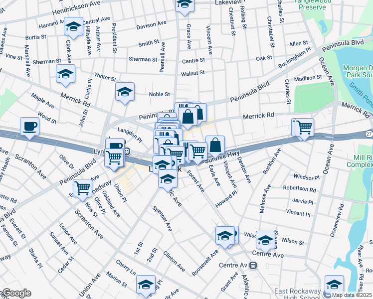 map of restaurants, bars, coffee shops, grocery stores, and more near in Lynbrook