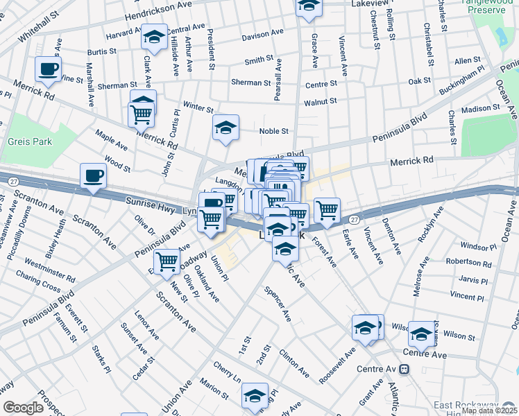 map of restaurants, bars, coffee shops, grocery stores, and more near 44 Broadway in Lynbrook