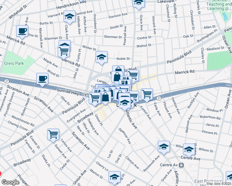 map of restaurants, bars, coffee shops, grocery stores, and more near 90 Saperstein Plaza in Lynbrook