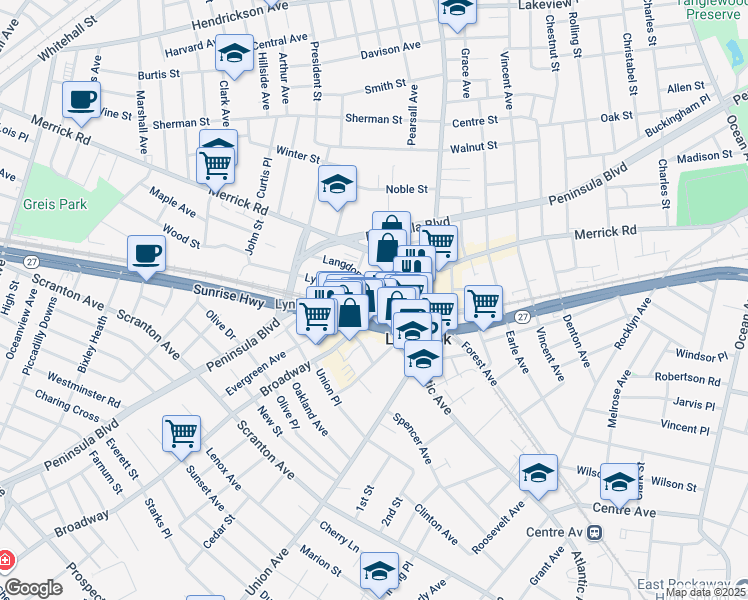 map of restaurants, bars, coffee shops, grocery stores, and more near 90 Saperstein Plaza in Lynbrook