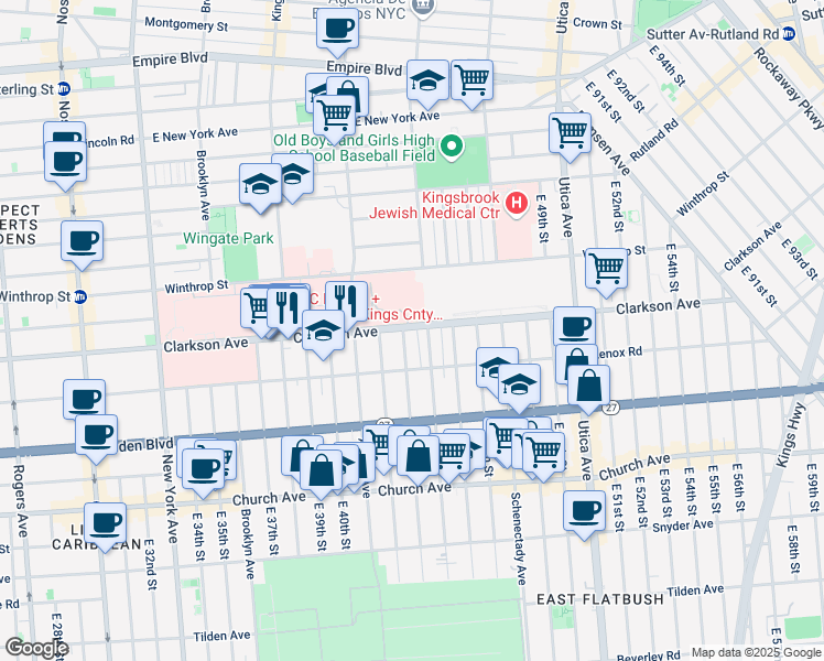 map of restaurants, bars, coffee shops, grocery stores, and more near 654 Clarkson Avenue in Brooklyn