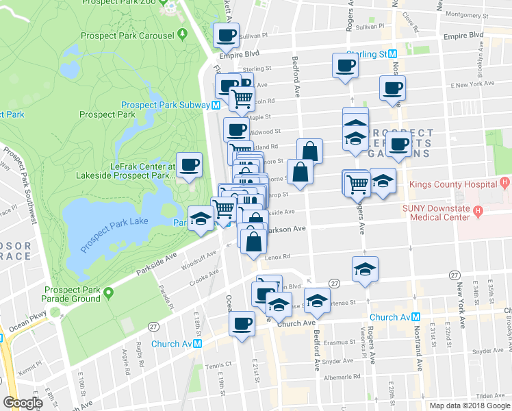 map of restaurants, bars, coffee shops, grocery stores, and more near 263 Parkside Avenue in Brooklyn