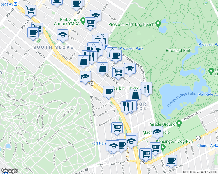map of restaurants, bars, coffee shops, grocery stores, and more near 608A 17th Street in Brooklyn