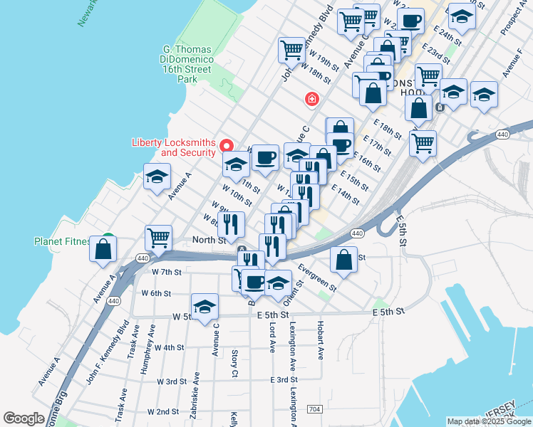 map of restaurants, bars, coffee shops, grocery stores, and more near 33 West 10th Street in Bayonne